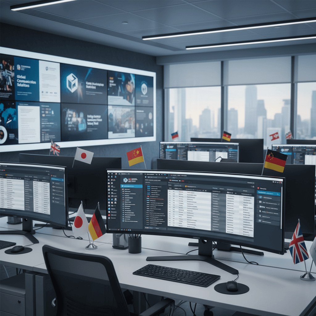 Corporate translation services workflow showing multilingual content across global business markets