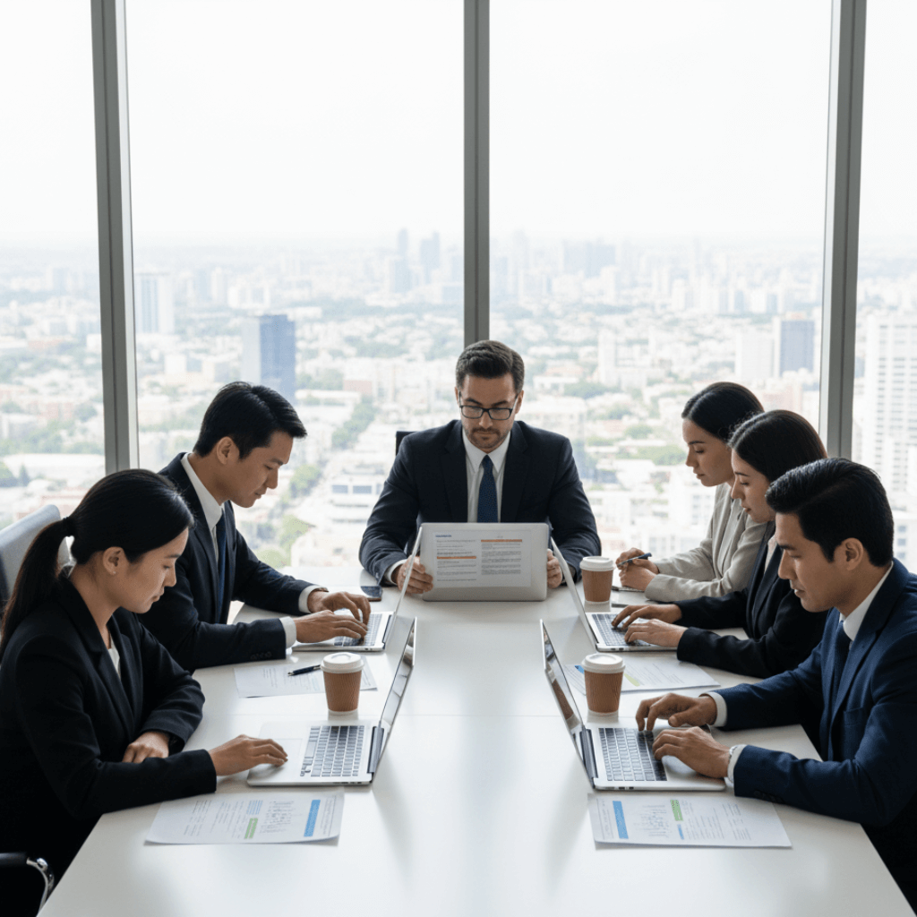 International business team using professional business translation services to review multilingual documents