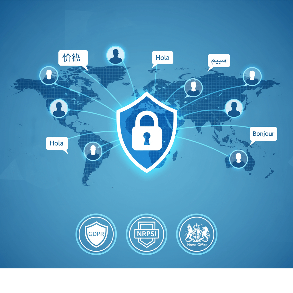 Over-the-phone interpreting with global connections and UK-compliant security symbols.