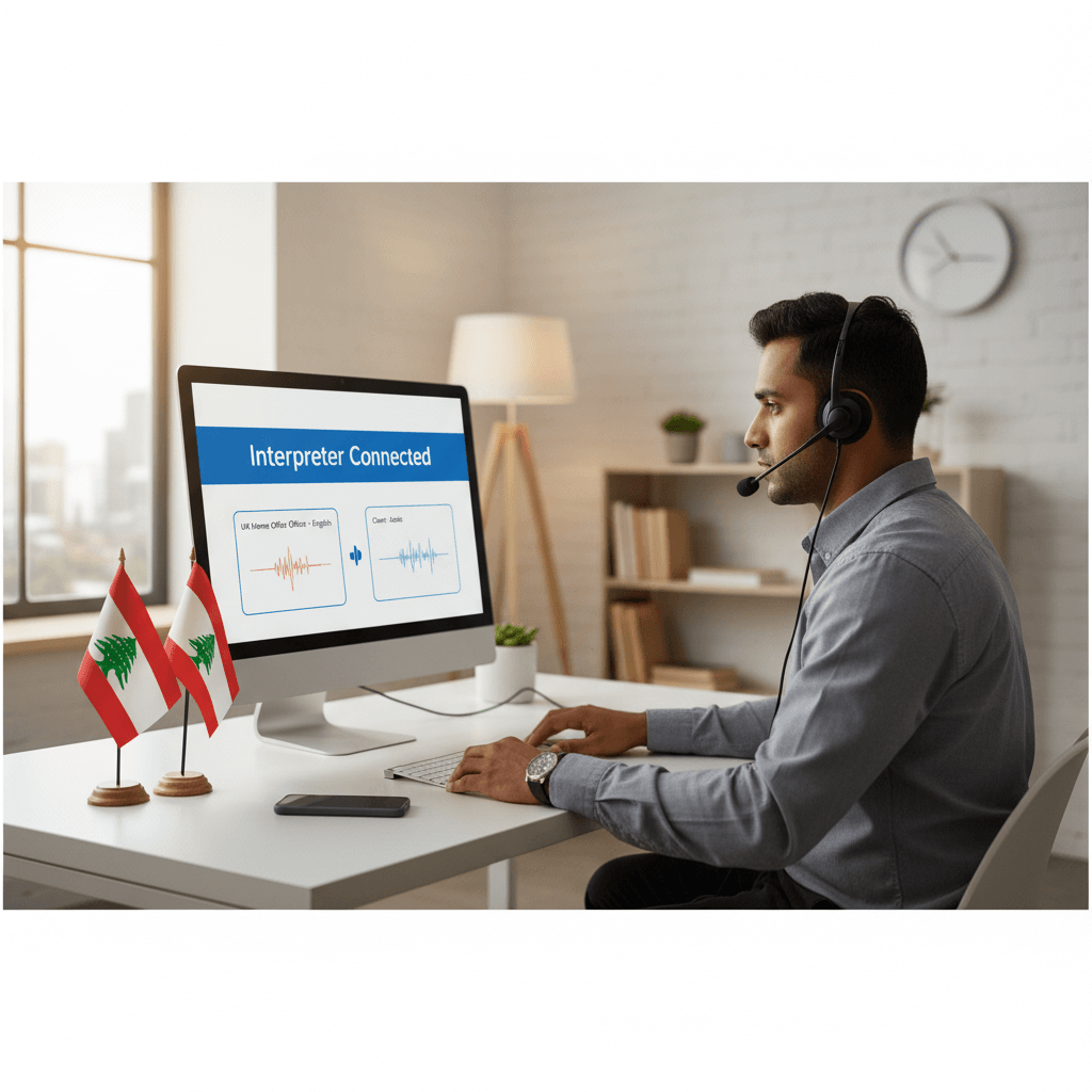 Professional phone interpreter connecting Home Office officer and client via secure multilingual call.